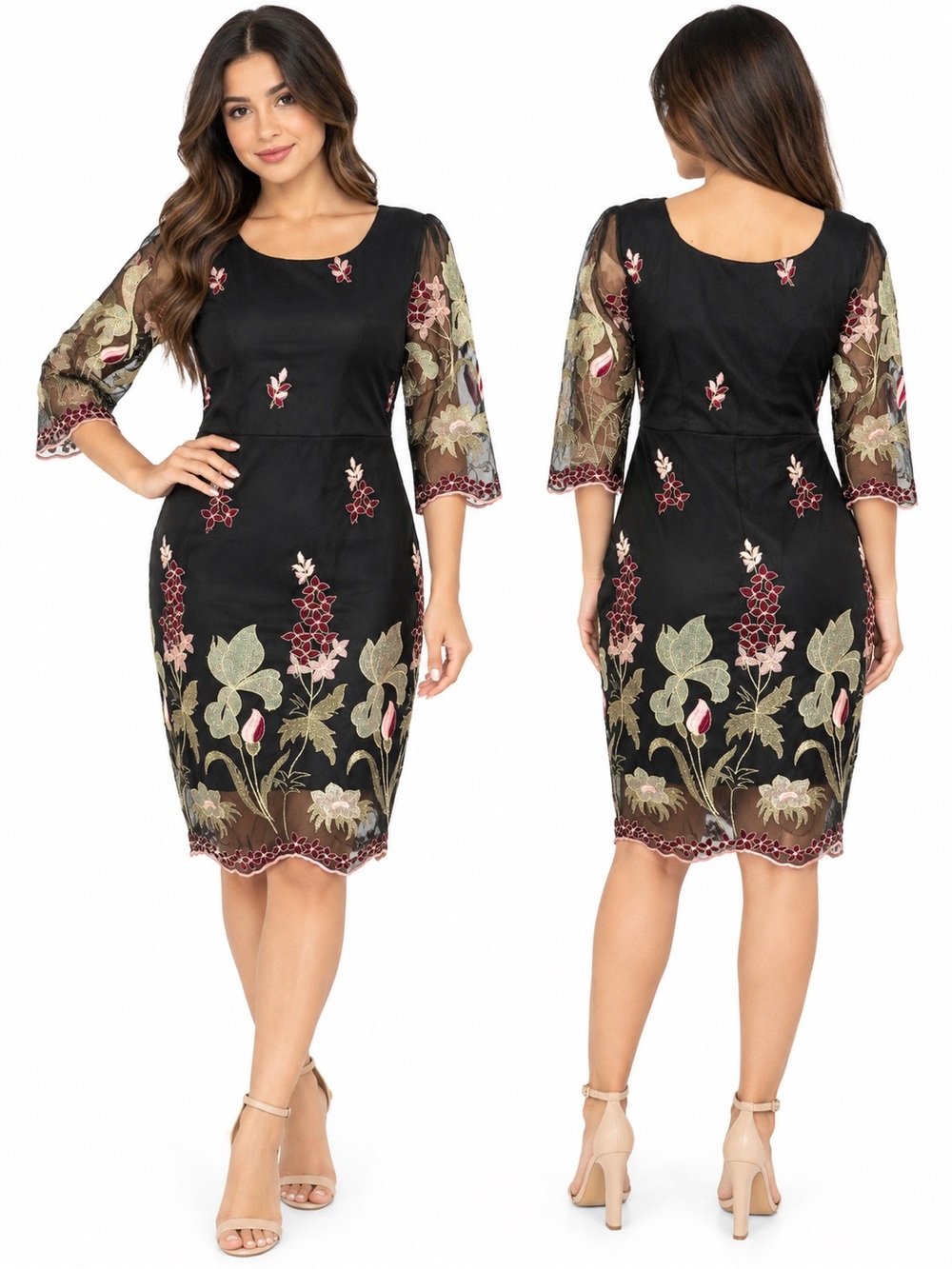 Black Embroidered Floral Midi Dress with Sheer Sleeves